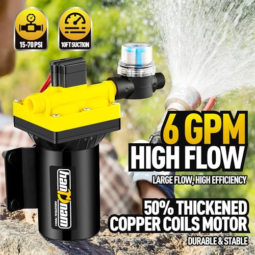 Image of 2026 Upgraded RV Water Pump, 12V 6.0 GPM High-Flow, Ultra-Quiet 70 PSI Self-Priming Diaphragm Pump with Adjustable Pressure Switch & Strainer for RV, Marine, Camper, Boat (Run-Dry Safe) (Yellow)
