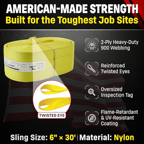 DD Sling 6 Inch x 30 Foot Nylon Lifting Sling – USA Made, 16,300 lb Vertical, 13,000 lb Choker, 32,600 lb Basket – 2-Ply Heavy Duty 900 Webbing, Type 3 Flat Eye & Eye Rigging Sling