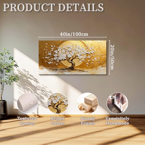 SERIMINO Tree of Life Large Wall Art, Gold Tree Nature-Inspired Abstract Art Prints, Blooming Flowers Canvas Painting, Sun Modern Wall Decor Living Room Bedroom Home Office Ready to Hang 20"X40"