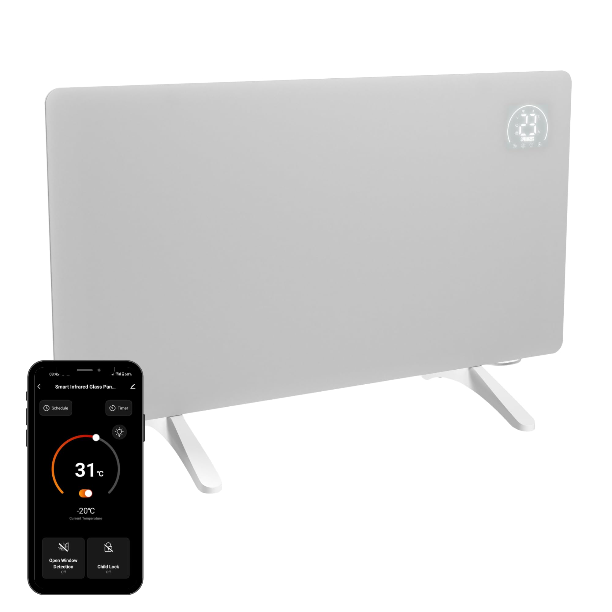 Princess Infrarot-Heizung Connected - Carbon Crystal - Flacher Wandheizkörper - 480 W - Einstellbarer Thermostat bis 50 °C - 24-Stunden-Timer - Wochenprogrammierung - Weiß oder Schwarz (Weiß)