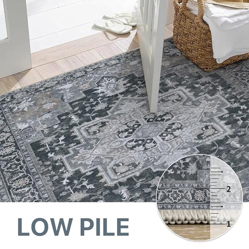 GENIMO 2'6''x12 Runner Rugs for Hallway, Machine Washable Non Slip Vintage Rugs, Low Pile Lightweight Soft Print Rug for enrtyway, Corridor, Home Office, Kitchen,Dark Gray
