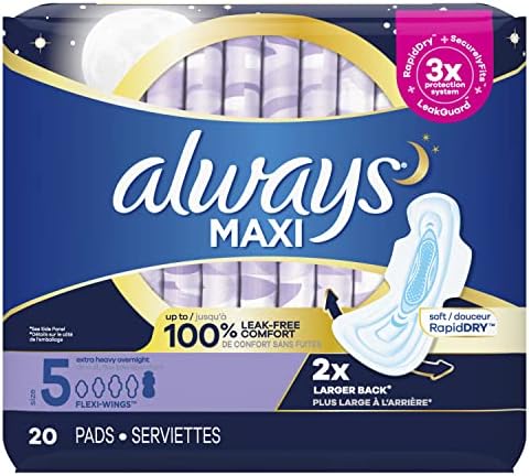 Always Maxi Feminine Pads for Women, Size 5 Extra Heavy Overnight Absorbency, with Wings, Unscented, Pack of 20
