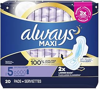 Always Maxi Feminine Pads for Women, Size 5 Extra Heavy Overnight Absorbency, with Wings, Unscented, Pack of 20