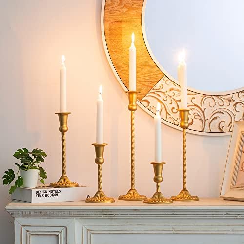 Sziqiqi Gold Candlestick Holders Set of 5, Metal Taper Candle Holder Antique Single-Head Candleholder Candelabra Decorative Table Centerpiece for Wedding Event Party Mantel Candlelight Dinner
