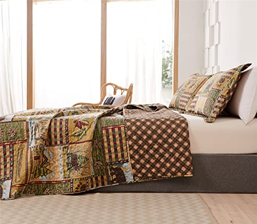 3 Piece Moose Bear Cabin Plaid Reversible Quilt Set King,Rustic Home Lodge Quilted Bedspread Coverlet Bedding Set with Wildlife Grizzly Bears Deer Buck Pine Tree Bear Paw for All Seasons(King,Brown) - Thumbnail 5
