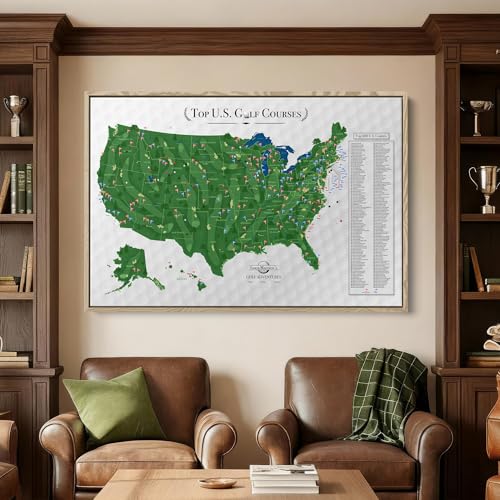 Image of Push Pin Travel Maps Top 200 Golf Courses USA Canvas - Personalized Golf Course Tracker with Pins, Framed Golf Wall Decor - Natural Float Frame - 24 inch x 36 inch