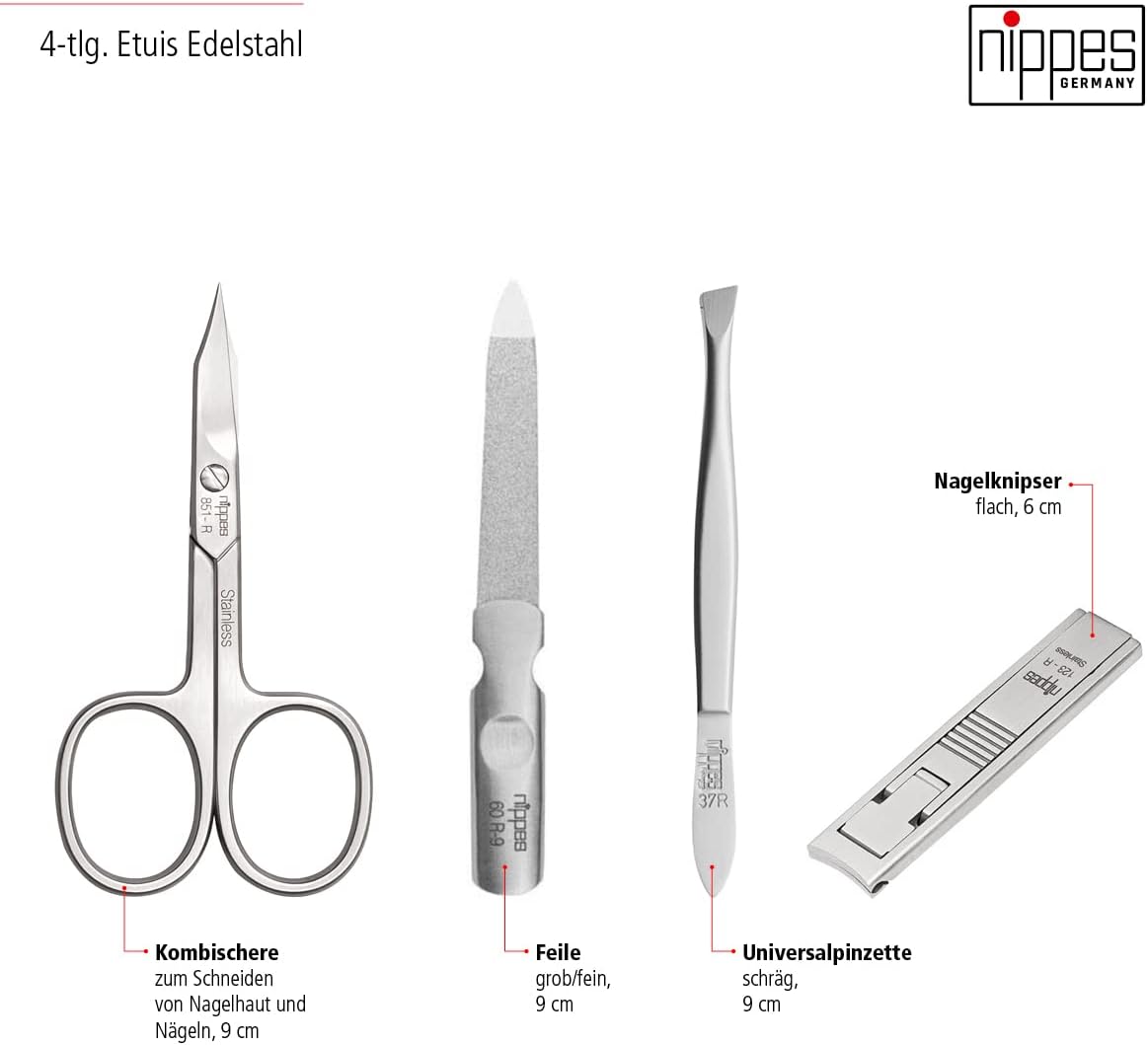 Nippes Solingen Nippes Premium Line Manicure Set Locks 4-Piece Stainless Steel Rust and Nickel Genuine Cowhide Leather Case with Lock Black