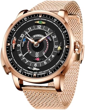 PINDU Automatic Watches for Men, NH35A Movement Design Button Control Rotating Horse Racing Game Watch with 7 Metal Horses, Mechanical Watch for Board Game Night