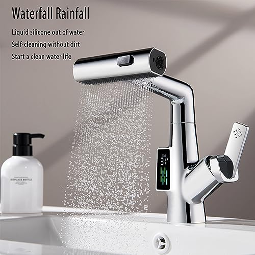 Robinet de salle de bain cascade au design moderne gris chrome avec bec relevable