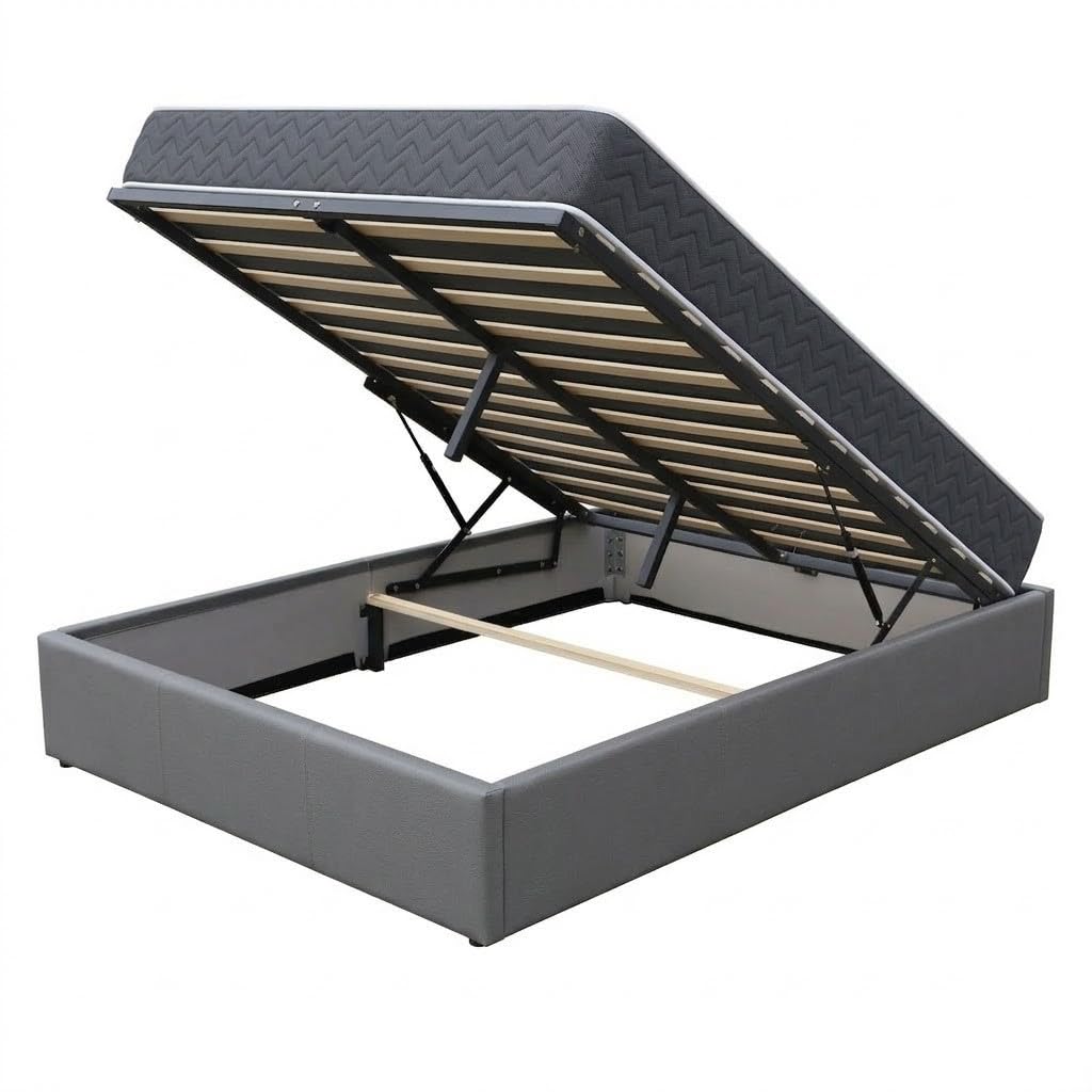 King of Dreams Ensemble Lit Coffre et Matelas 120x190 cm - Couleur : Gris - Sommier Relevable avec Vérins Hydrauliques - Matelas Latex Accueil Moelleux Soutien Ferme - Lit Coffre Déhoussable