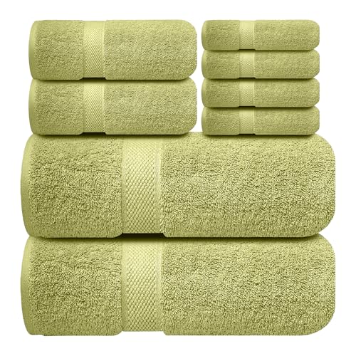 Image of Sulfar 100% Combed Cotton, 8 Pcs Towel Set - 2 Bath Towels (70 x 140 cm), 2 Hand Towels (40 x 70 cm) and 4 Face Towel (30 x 30 cm) (600 GSM, Pack of 8) Misty Green