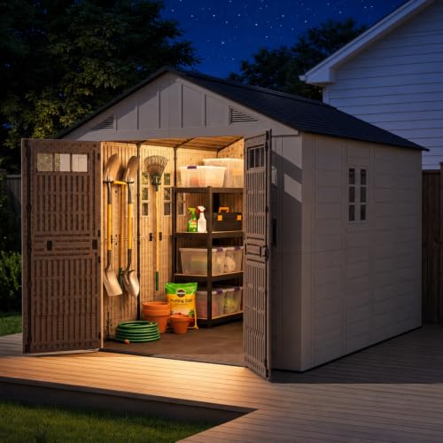 Image of LazySunsets 8x10 Ft Outdoor Storage Shed with Light, Large Resin Outdoor Shed with Floor Included, 3 Windows & Lockable Door, Garden Plastic Storage Sheds for Bike, Lawn Tools, Garbage Can