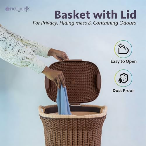 Image of PrettyKrafts Rattan Style 60L Plastic Knit Laundry Basket - Dark Beige, Durable Toy Storage Basket Clothes Storage Organizer for Home & Bathroom, (61x45x35cm)
