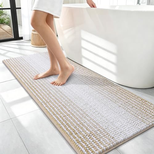 Image of OLANLY Bathroom Runner Rugs 47x17, Extra Soft Absorbent Chenille Striped Bath Rugs, Rubber Backing, Machine Wash Dry, Long Bath Mats for Bathroom, Tub, Shower, Home Decor Accessories, Beige
