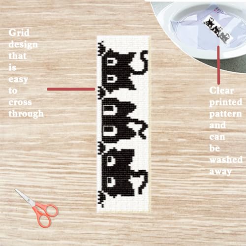 Image of FREEBLOSS 6 Set Cross Stitch Bookmark Kit Stamped Cross Stitch Kit Black Cat Embroidery Set with Instruction for Adults 8''*2.4''