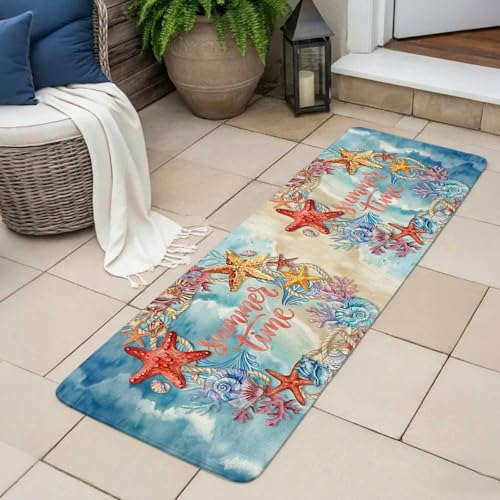 Ocean Theme Starfish Conch Coral Front Door Mat,Summer Time Beach