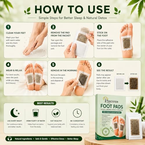 Image of TRICSTER Detox Foot Patches for Deep Cleansing & Relaxation | Natural Bamboo Vinegar Ginger Foot Pads for Toxin Removal, Stress Relief, Better Sleep & Foot Care | Herbal Foot Patch for Men & Women (Pack of 50)