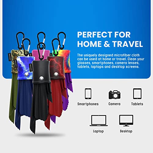 Microfiber Glasses & Lens Cleaner – Eyeglass Cleaning Cloth - Open Bottom Pouch & Carabiner - Water Resistant - 6 Pack - Delicate Surfaces & Sensitive Optics - Glasses, Camera Lenses, Gadget Screens #TOP4