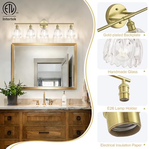 Image of Vintage Bathroom Light fixtures, Gold Vanity Lights, ETL Certified