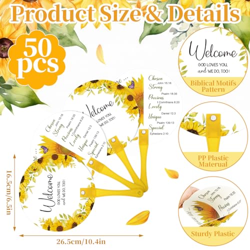 Image of 50 Pcs Church Fans Handheld Bulk Christian Inspiration Religious Gifts Bible Verse Scripture Gifts Hand Fans with Plastic Handle for Women Men Easter National Day of Prayer Holy Lent Decor(Sunflower)