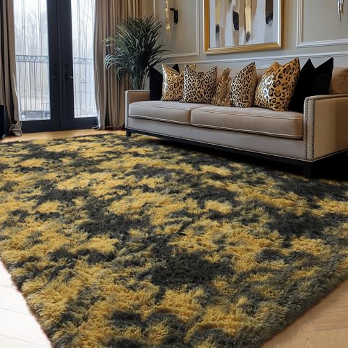 Amdrebio Black Gold Yellow Grey Rugs for Living Room Bedroom Decor, 6x9 Large Fluffy Furry Fuzzy Area Rug for Kids Room Dorm Home Office, Modern Cool Leopard Cheetah Shag Carpet for Teen Boys Men