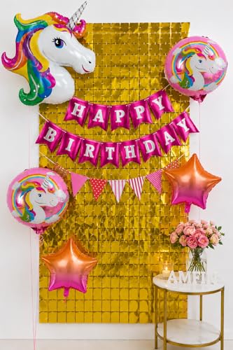 Image of AMFIN (Pack of 8) Unicorn Theme Birthday Decoration Kit Metallic Finish Women Girls Item Pink Multi Head Rainbow