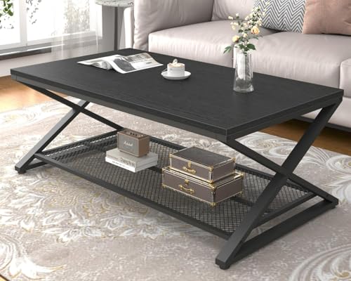 LVB Black Coffee Table, Modern Wood 2 Tier Center Tables for Living Room, Metal Rectangular Concrete Tea Table with Storage Shelf, Wooden Middle Cocktail Table for Office Bedroom, 47 inch, Black Oak