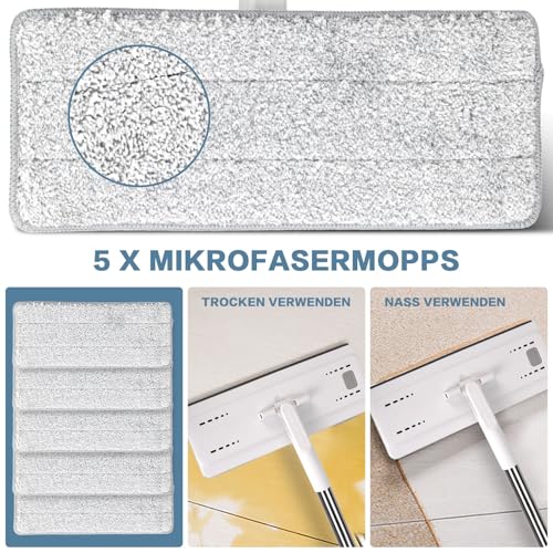 Wischmopp Set mit Eimer,Masthome Putzeimer mit Wischmop und 5 Mikrofaser Moppkopf, Wischmopp Set mit 140cm Edelstahl Griff, Bodenwischer mit Auswringfunktion für Alle Böden - Weiß – Bild 6