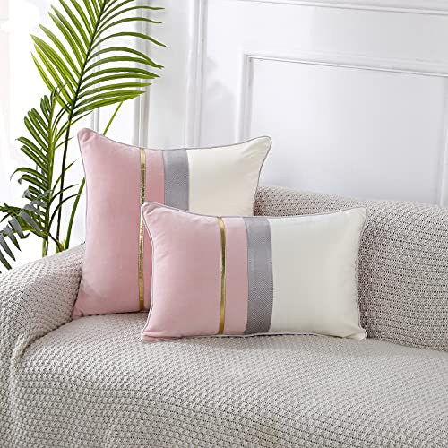 Panod Patchwork Pink Silk-Like Velvet Throw Pillow Cover With Gold Striped Leather Cushion Case Modern Luxury Lumbar Pillowcase For Sofa Couch Bedroom Living Room Home,12X20 Inch #TOP1