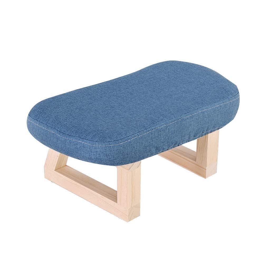 Tabouret banc en bois massif et lin bleu au design épuré pour canapé