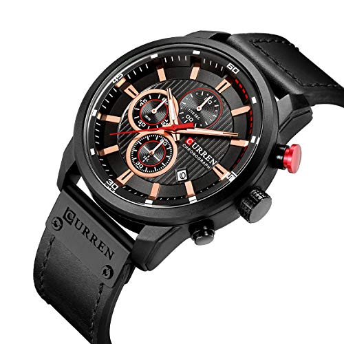 Relógio de pulso masculino militar com pulseira de couro, esportivo, à prova d'água, com cronógrafo