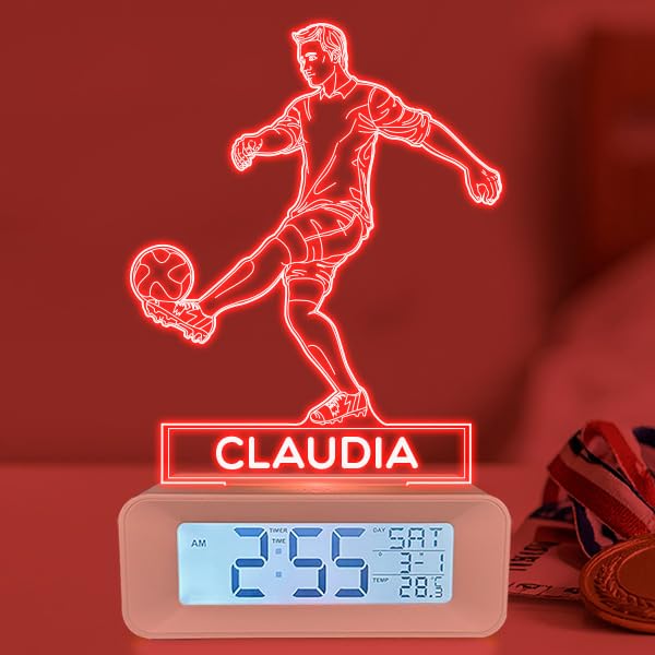 Transparent Gift Reloj Despertador Infantil Personalizado con Luz. Diseño Jugador Fútbol con Nombre Niño/Niña. Lámpara Nocturna Mesita Noche. Regalos Originales Personalizados Cumpleaños Niños