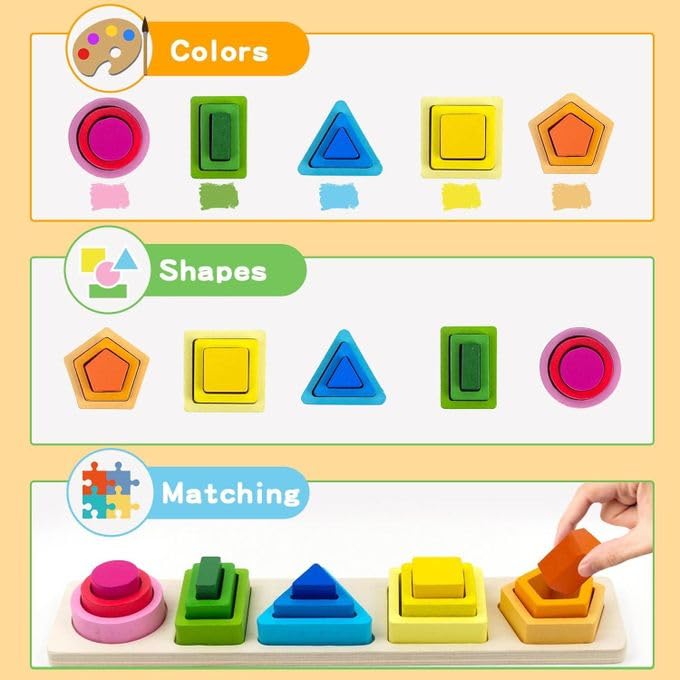 Image of SHINETOY 5-in-1 Shapes Stacker Wooden Building Blocks | Montessori Sorting & Stacking Toy for 1-3 Year Olds | Educational Color & Shape Learning Gift
