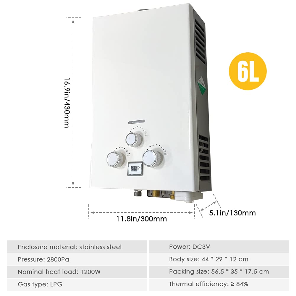 RBAYSALE Gas Water Heaters 6L 1200W 2800Pa LPG Instant Hot Water Heater