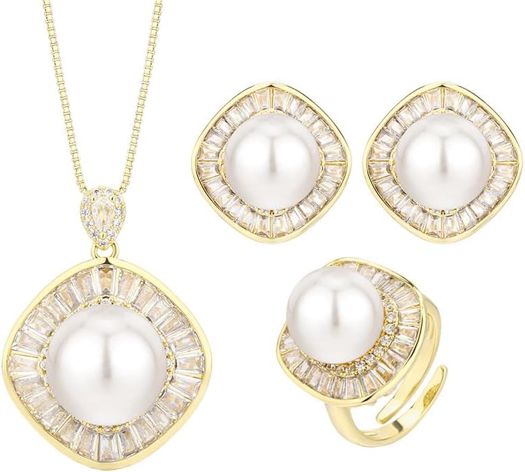 Gold Plated Pearl Jewelry Set for Women, Luxury CZ Crystal Halo Pendant Necklace, Stud Earrings & Adjustable Ring 3Pcs Set