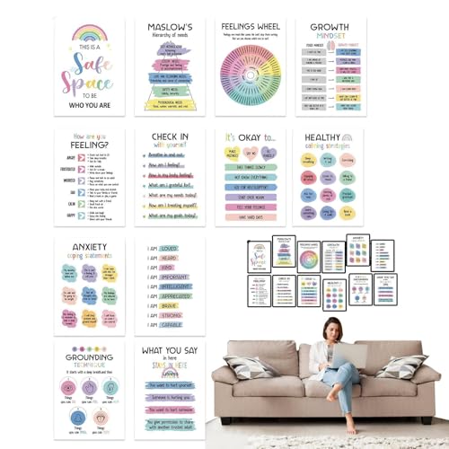 Generisch Póster psiquiátrico de enfermería, psicólogo escolar, póster decoraciones, 12 tablas de anuncios inspiracionales para el crecimiento emocional