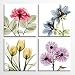 HLJ Tulip Rose Wall Art Painting in Golden Red Vivid Flower Home Wall Floral Canvas Print in 4 Panels (Colorful, 12x12inchesx4pcs (30x30cmx4pcs))