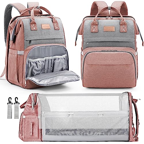 Image of LexiRoman Diaper Bag Backpack, Large Capacity Multifunction Baby Bag with Changing Pad for Boy Girl, Travel for Moms Dads, Baby Registry Search Shower Gifts Waterproof and Stylish Pinkgray