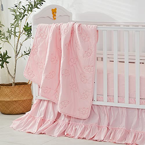 Image of Brandream Crib Bed Skirt for Baby Girls Boys Blush Pink Boho Bohemian Solid Cotton Toddler Bedskirt Farmhouse Chic Ruffle