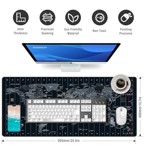 Anpollo Gaming Mouse Pad (900x400x3mm) Extended Mouse Mat Large Non-Slip Desk Pad with Precision Locked Edges Comfortable Keyboard Mat Suitable for Office Gamer Home - Black World Map - Image 3