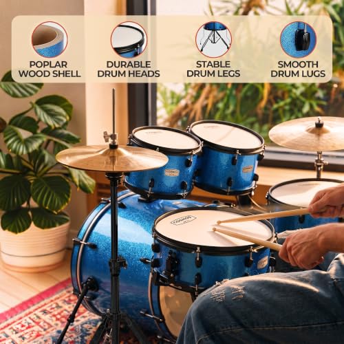 Image of ARCTIC COSMOS 5 Piece Complete Acoustic Drum Kit /Drumset with drumsticks, Cymbals and throne - With Hardware. Best Sounding shells, most durable build. (Blue)