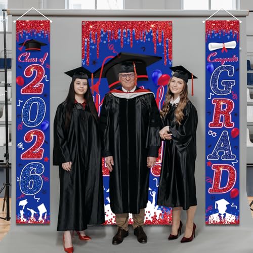 Image of Red and Blue Graduation Decorations Class of 2026 Banner Congrats Grad Porch Signs and You Did It Door Cover for High School College Graduation Party Supplies