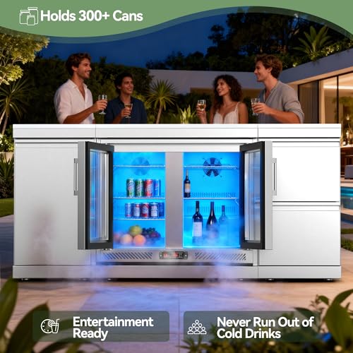 Image of Stainless Steel Outdoor Refrigerator Cabinet, 115L Built-In Double Door Refrigerator with Brushed SS Frame, 0-10C Adjustable Temp with LED Light, for Modular BBQ Grill Island (Black)