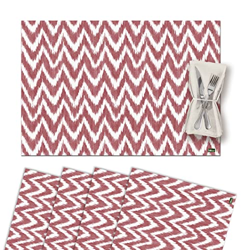 Set di 4 Sottopentola Singola in Vinile Lavabile Impermeabile Antimacchia Antiscivolo Antiaderente e Resistente al Calore Stile Ikat-Mallorca Zig Zag INCA rosso
