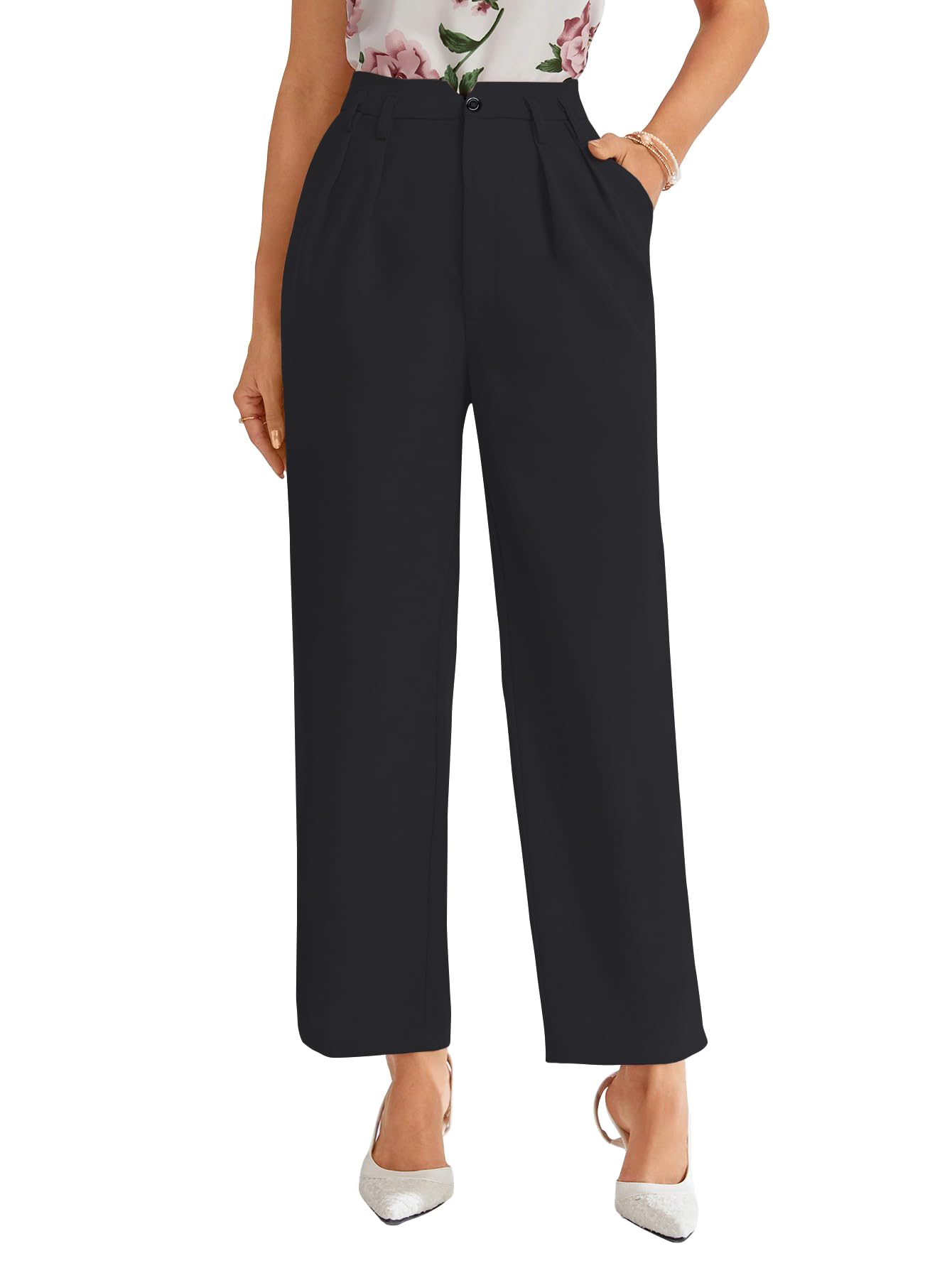Women’s High Waist Pleated Straight Leg Trousers – Elegant Solid Color Work Pants with Pockets, Casual Office Wear Polyester Blend Wide Leg Suit Pants (Trouser 235)