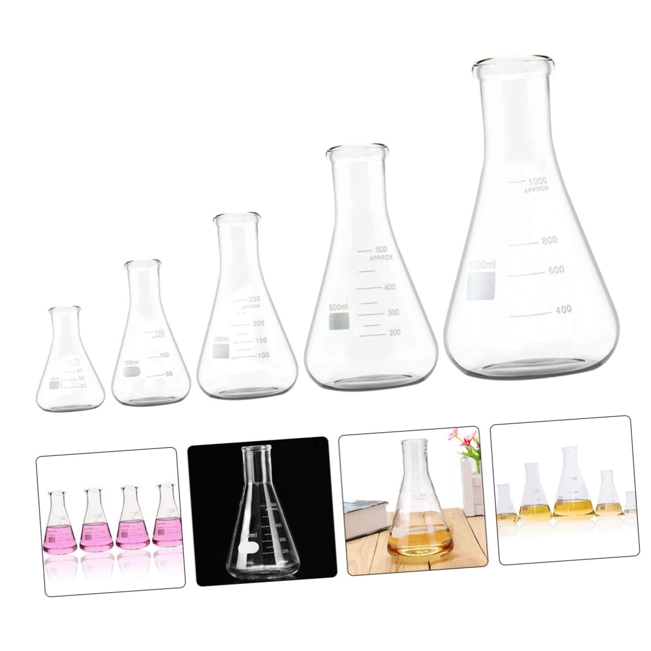 ULTECHNOVO Matraz Erlenmeyer Cónico de Vidrio 5 Piezas, Fondo Plano | Borosilicato Alto, Cuello Ancho y Graduaciones Estándar, Capacidades 50ml a 1000ml, Uso en Investigación
