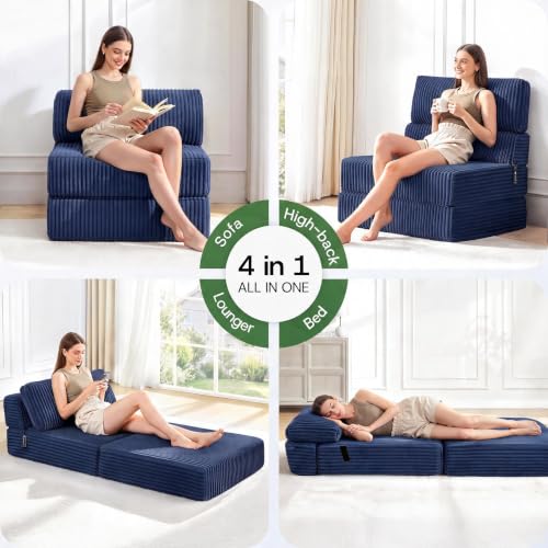Image of Folding Sofa Bed Convertible 4 in 1 Sleeper Chair Blue Twin XL