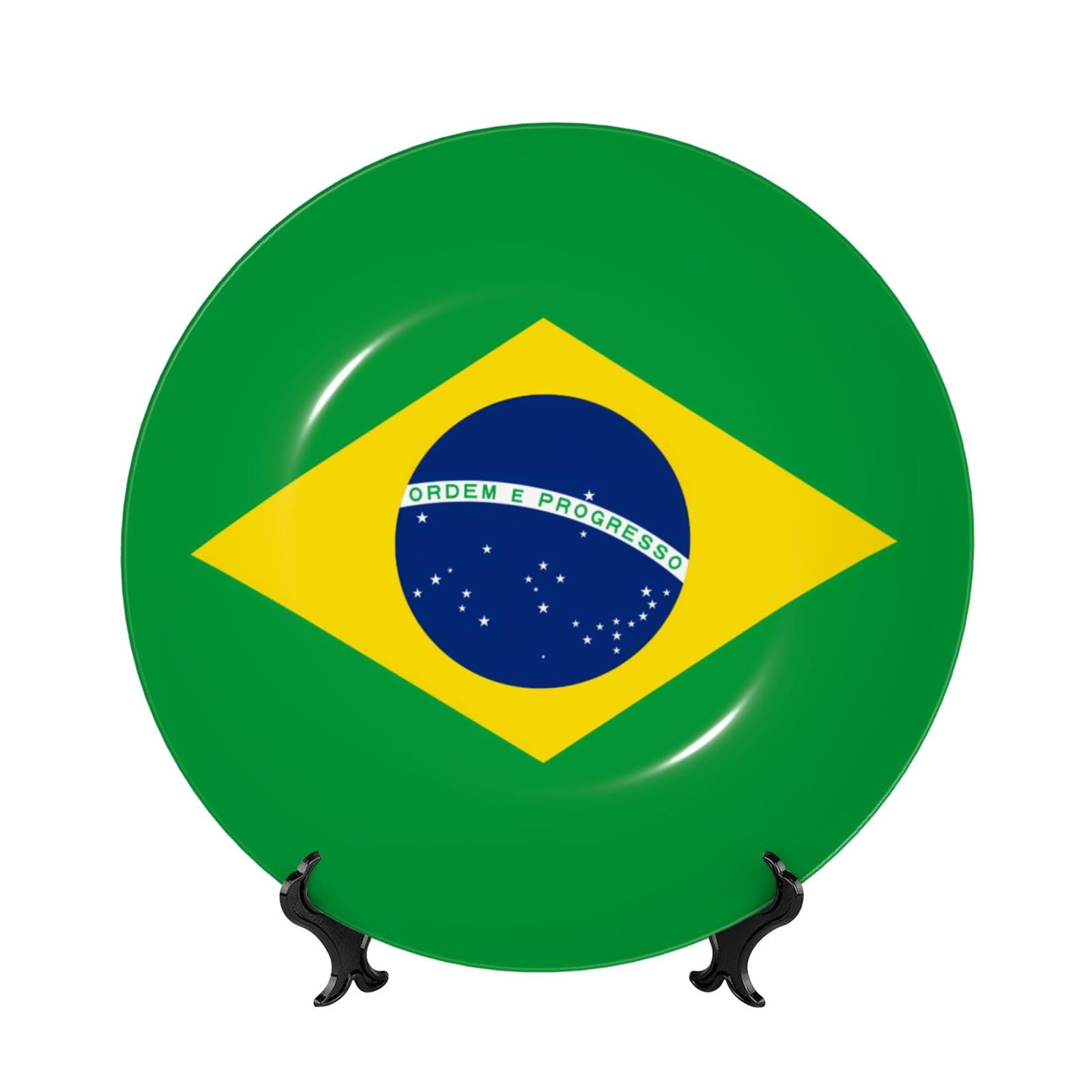SXZVVBN Brazilian flag Bone China Decorative Plate Art with Stand Removable Adhesive Hanging for Home Office 10in（25cm）