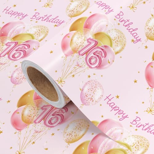WRAPAHOLIC Girl 16th Birthday Wrapping Paper - Mini Roll - 17 Inch x 16.5 Feet - Balloons and Happy Birthday Wrapping Paper Perfect for Girls, Party, Holiday