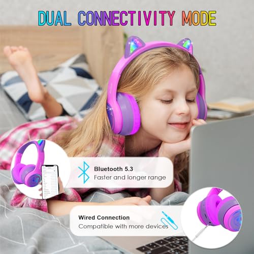 Image of IFECCO Wireless Kids Headphones with Microphone,Foldable Cute Light Up Cat Ear Children Girls Bluetooth Headphones with Case for School Gifts Travel